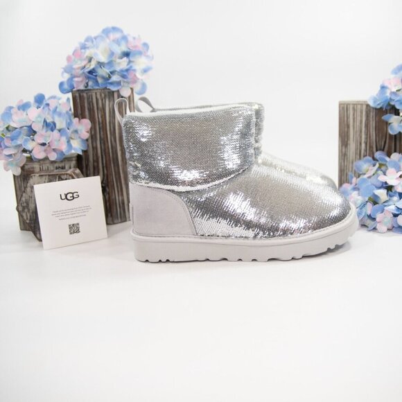UGG Classic Mini Mirror Ball Silver Sequin Sheepskin Suede Boots Size 7 NIB - Picture 2 of 7